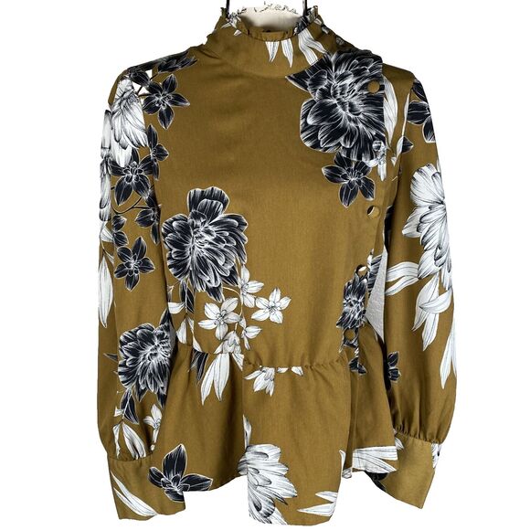 Who What Wear Sz M Long Sleeve Floral Peplum Blouse Asymmetrical Buttons Mustard - Picture 1 of 11